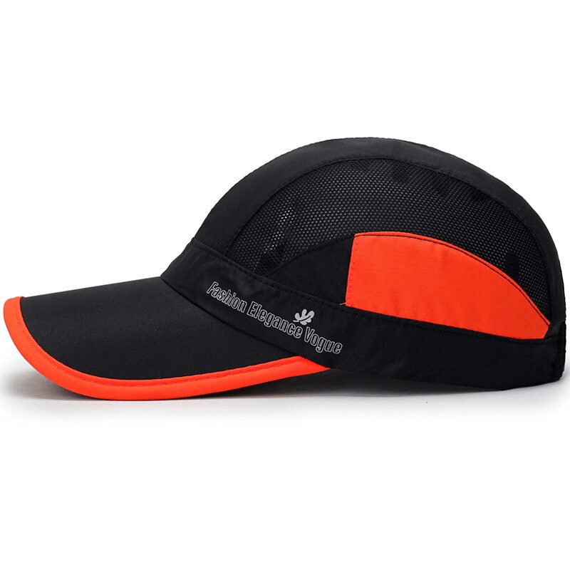 Sun Protection Breathable Unisex Baseball Cap in black and orange with mesh panels, adjustable strap, and UPF 50+ protection.